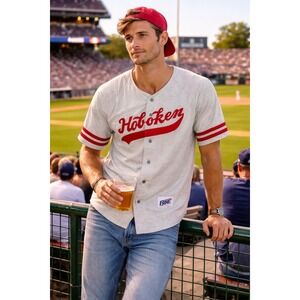 Vintage Bike Hoboken Baseball Jersey Mens M USA Made Grey Red Button Front Retro